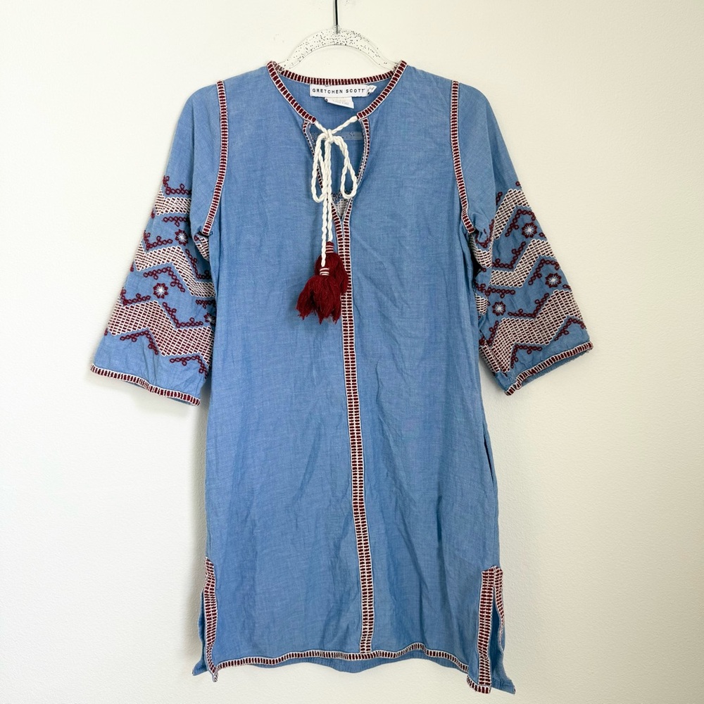 Gretchen Scott Odessa Embroidered Dress Womens Small Blue V Neck Rope Tassels